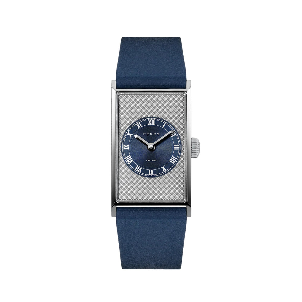 Fears rectangular silver watch with blue dial and blue strap