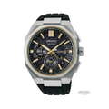 Seiko Astron 43.4mm black dial watch on a black rubber strap with a stainless steel case