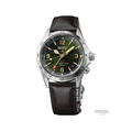 Front view of HBC007 Prospex Land 39.5mm watch with green dial on a brown leather strap