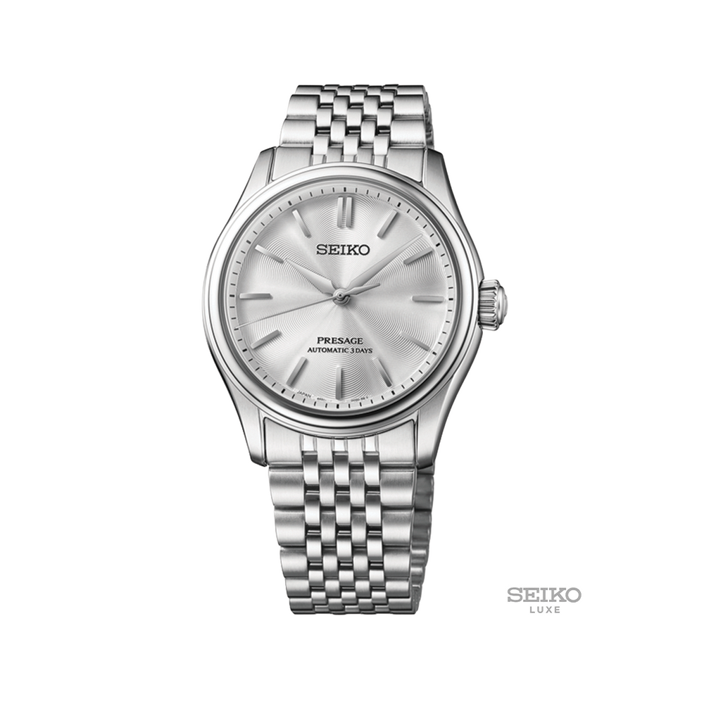Seiko Presage Classic Series 38mm silver dial watch with stainless steel bracelet