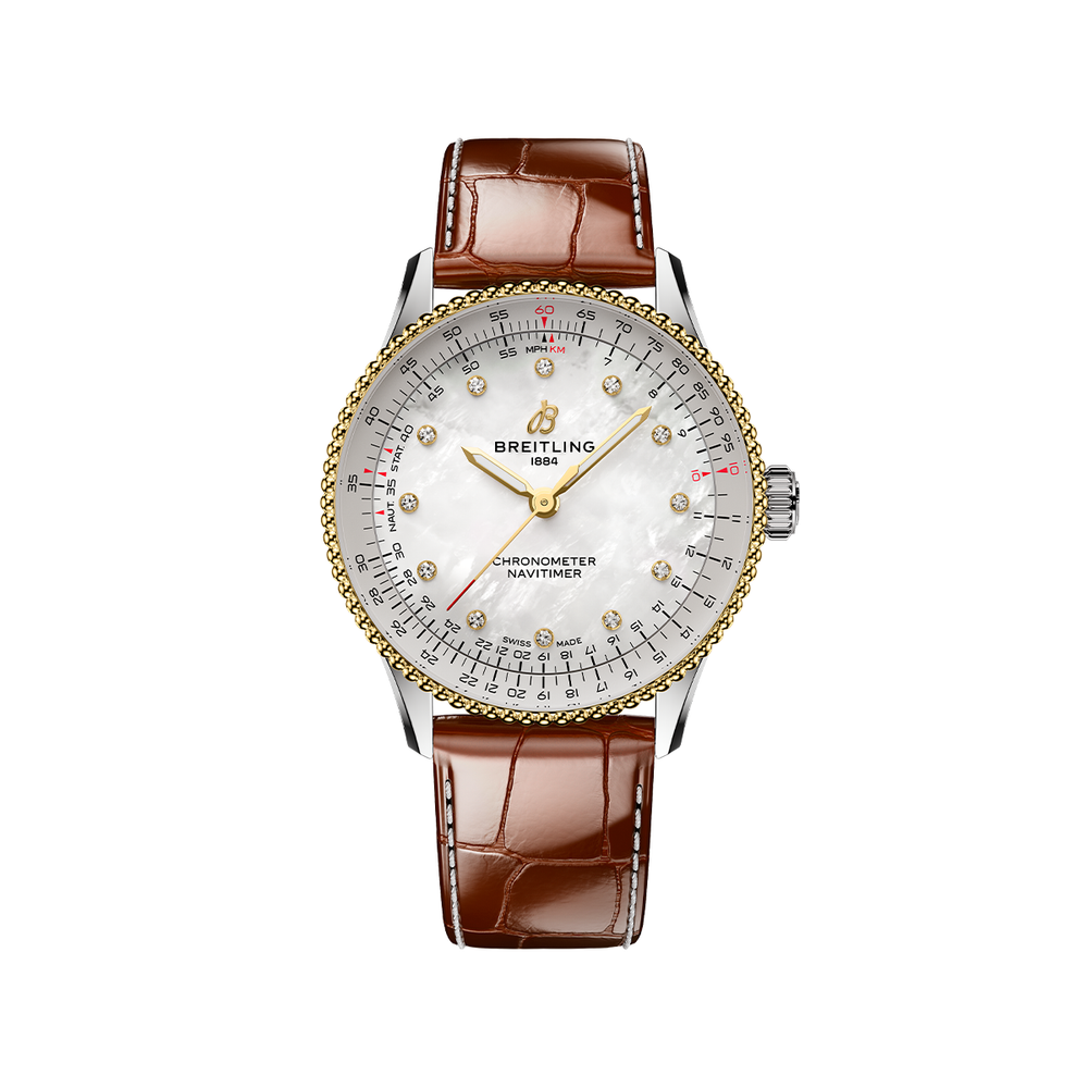 Navitimer Automatic Two-Tone 36mm - White, Mother-of-Pearl, Diamond-Set on Leather Strap