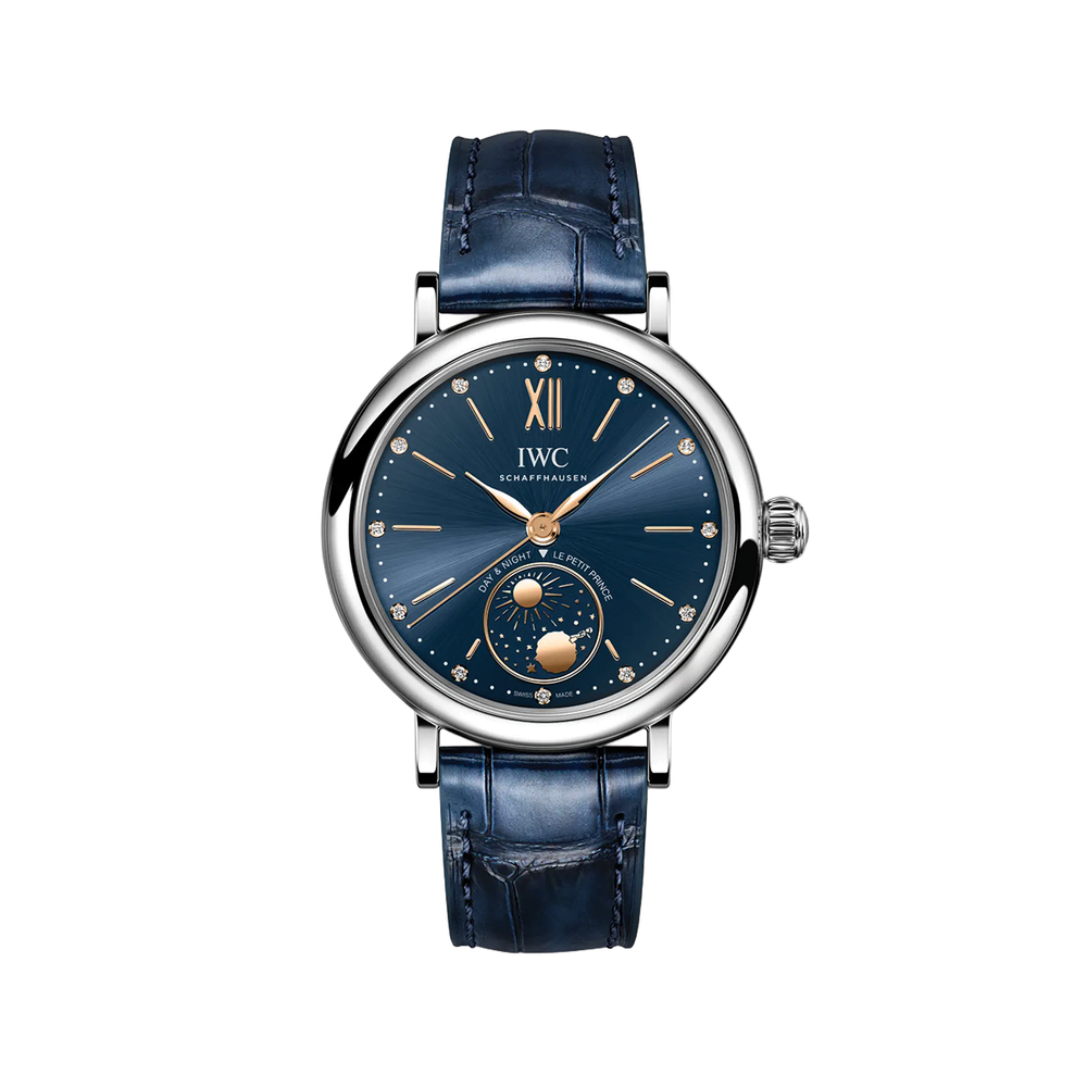 IWC Portofino Automatic Day & Night 34 Le Petit Prince with blue dial rose gold case and blue leather strap