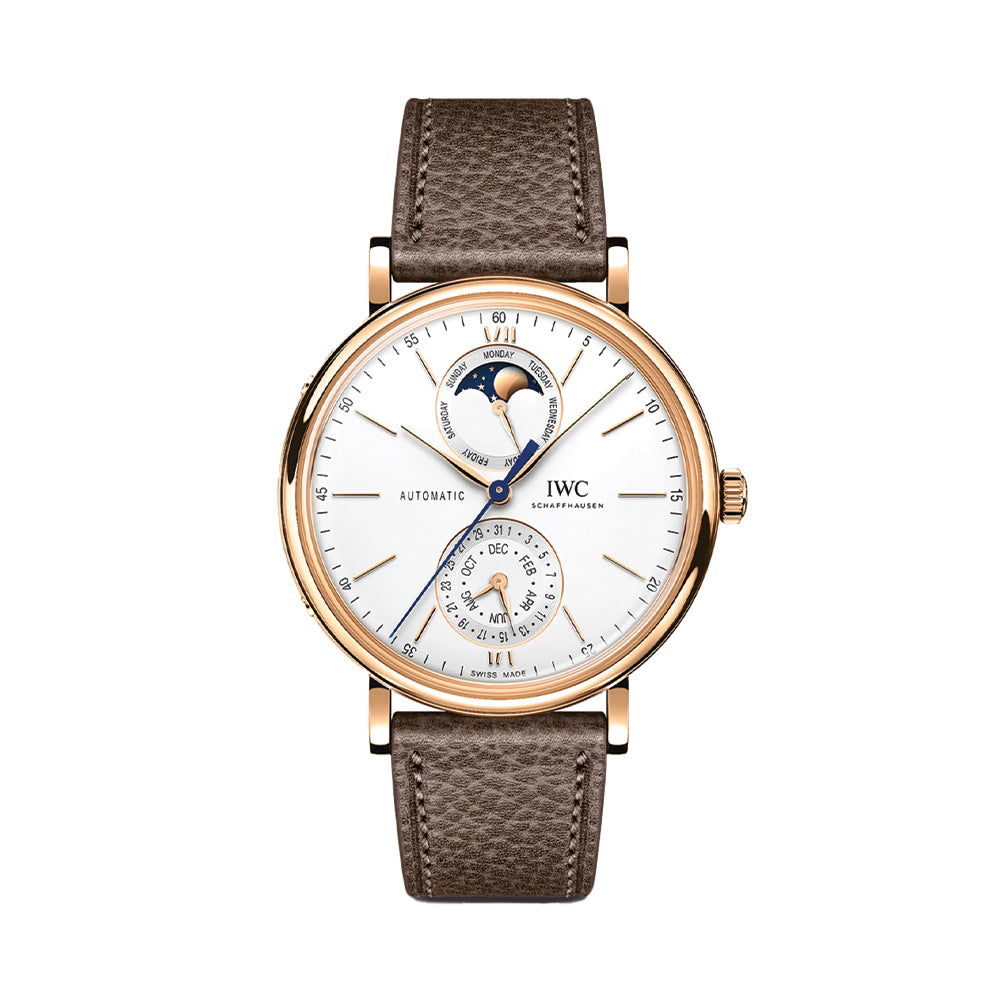 Portofino Complete Calendar 18K 5N Gold Case 41mm - Silver-Plated on Leather Strap