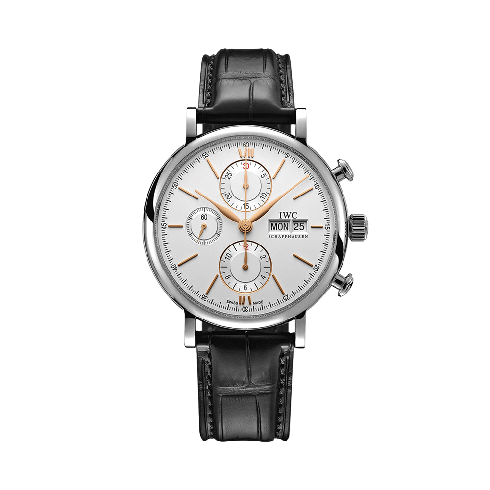 Portofino Chronograph Gold Accents 42mm - Silver-Plated on Leather Strap