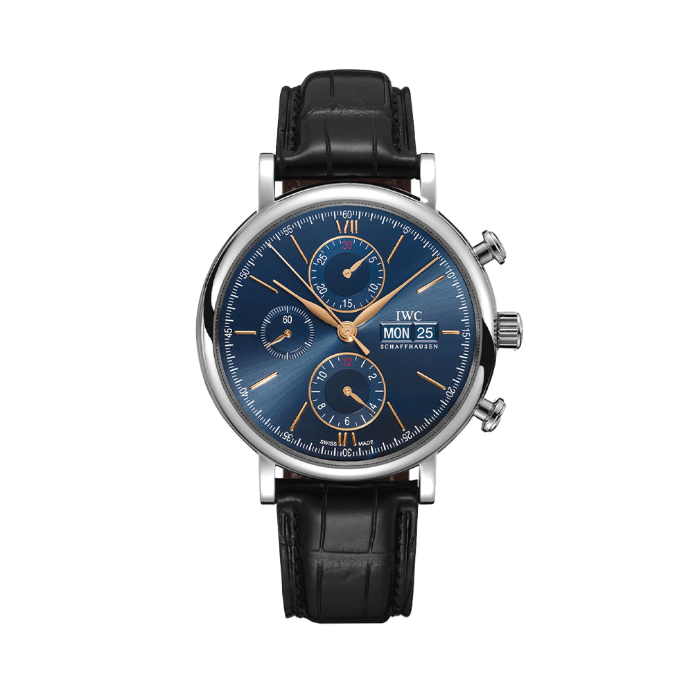 Portofino Chronograph Gold Accents 42mm - Blue on Leather Strap