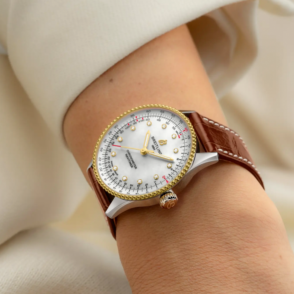 Navitimer Automatic Two-Tone 36mm - White, Mother-of-Pearl, Diamond-Set on Leather Strap
