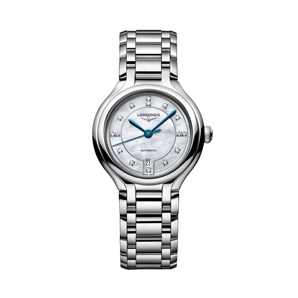 Longines Primaluna 30mm watch with white mother-of-pearl dial diamond markers and blue hands on a stainless steel bracelet