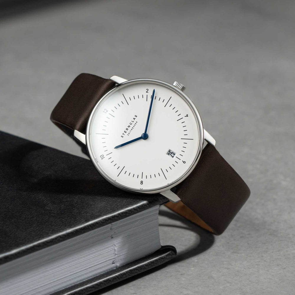 Naos Quartz 38mm - White on Dark Brown Leather Strap