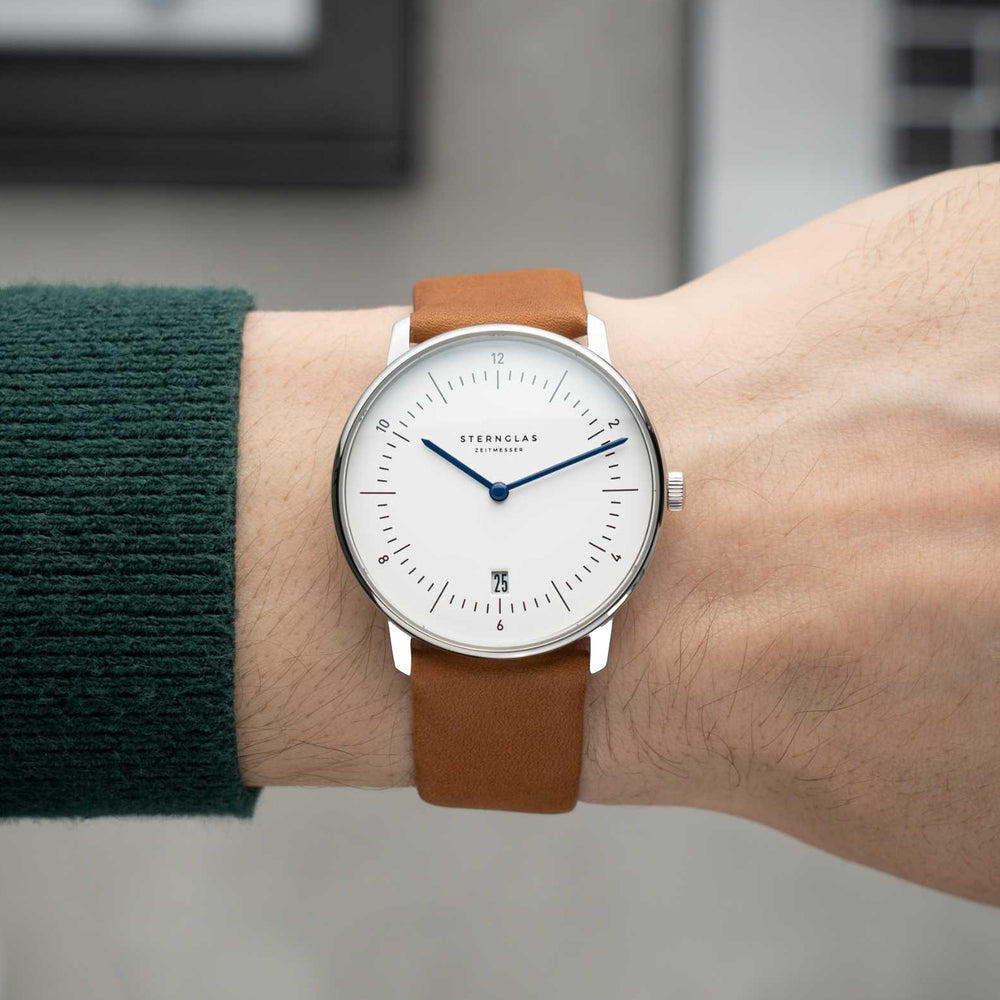 Naos Quartz 38mm - White on Light Brown Leather Strap