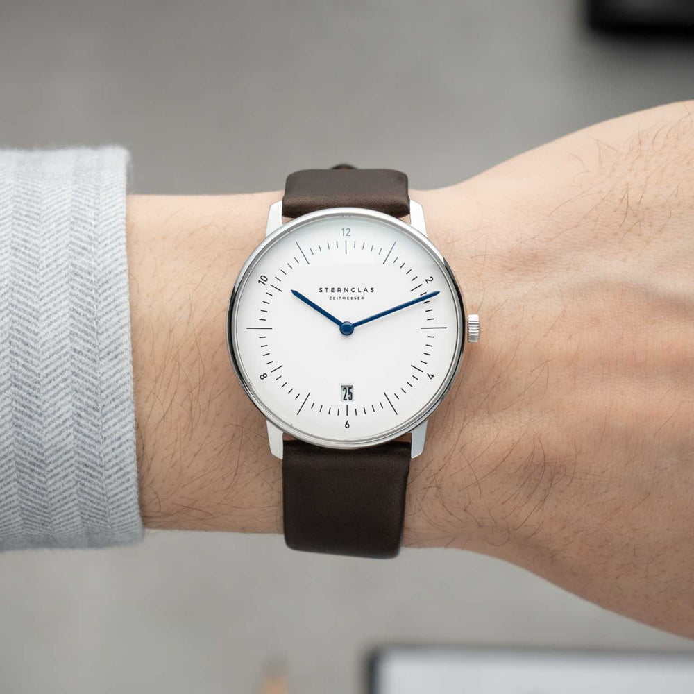 Naos Quartz 38mm - White on Dark Brown Leather Strap