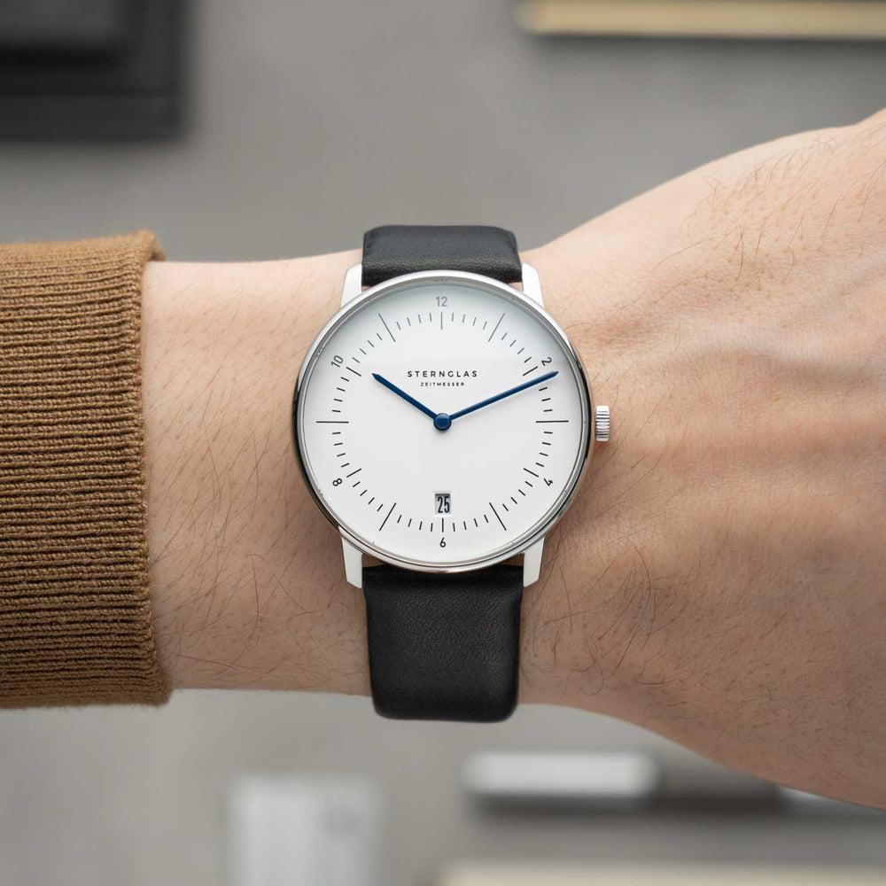 Naos Quartz 38mm - White on Black Leather Strap