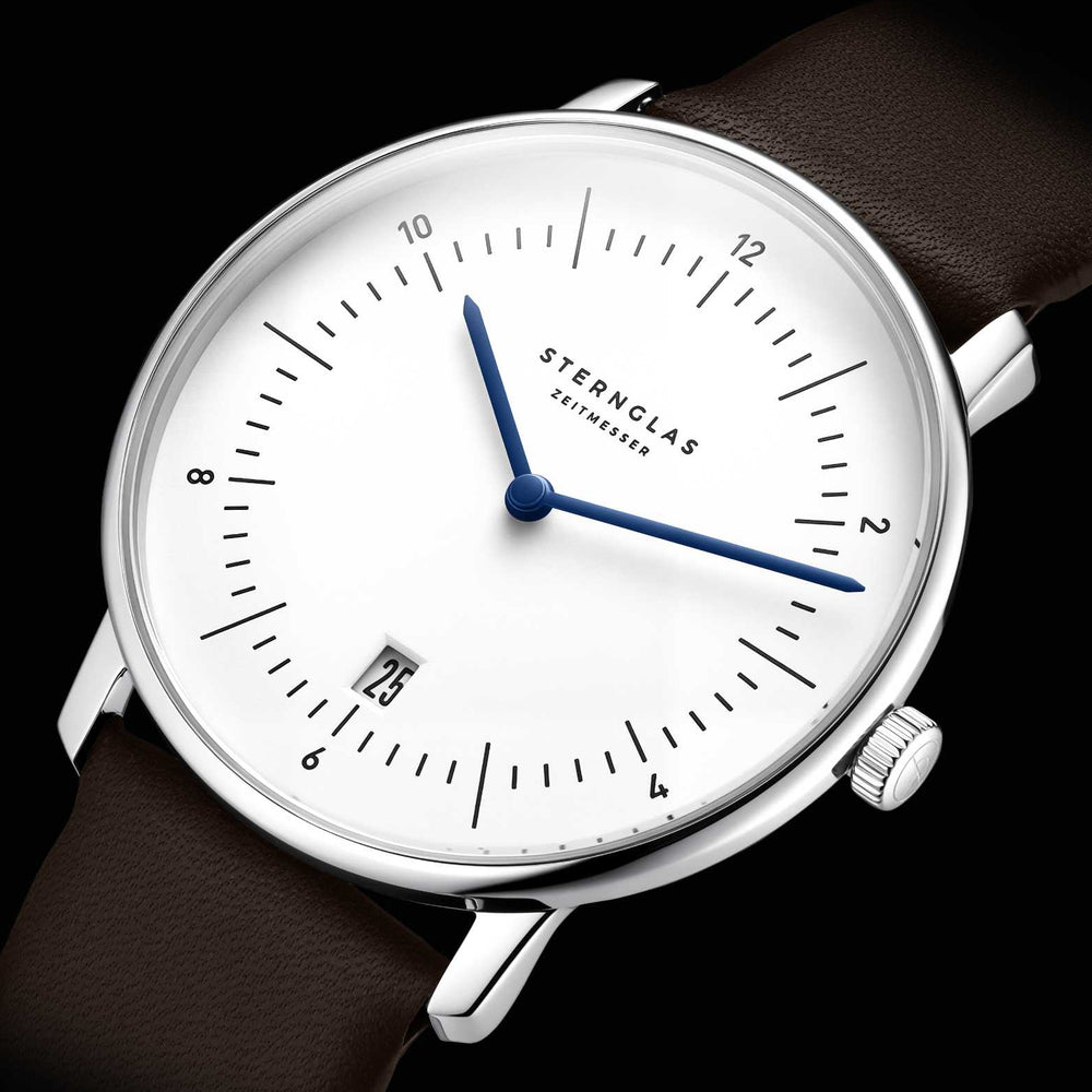 Naos Quartz 38mm - White on Dark Brown Leather Strap