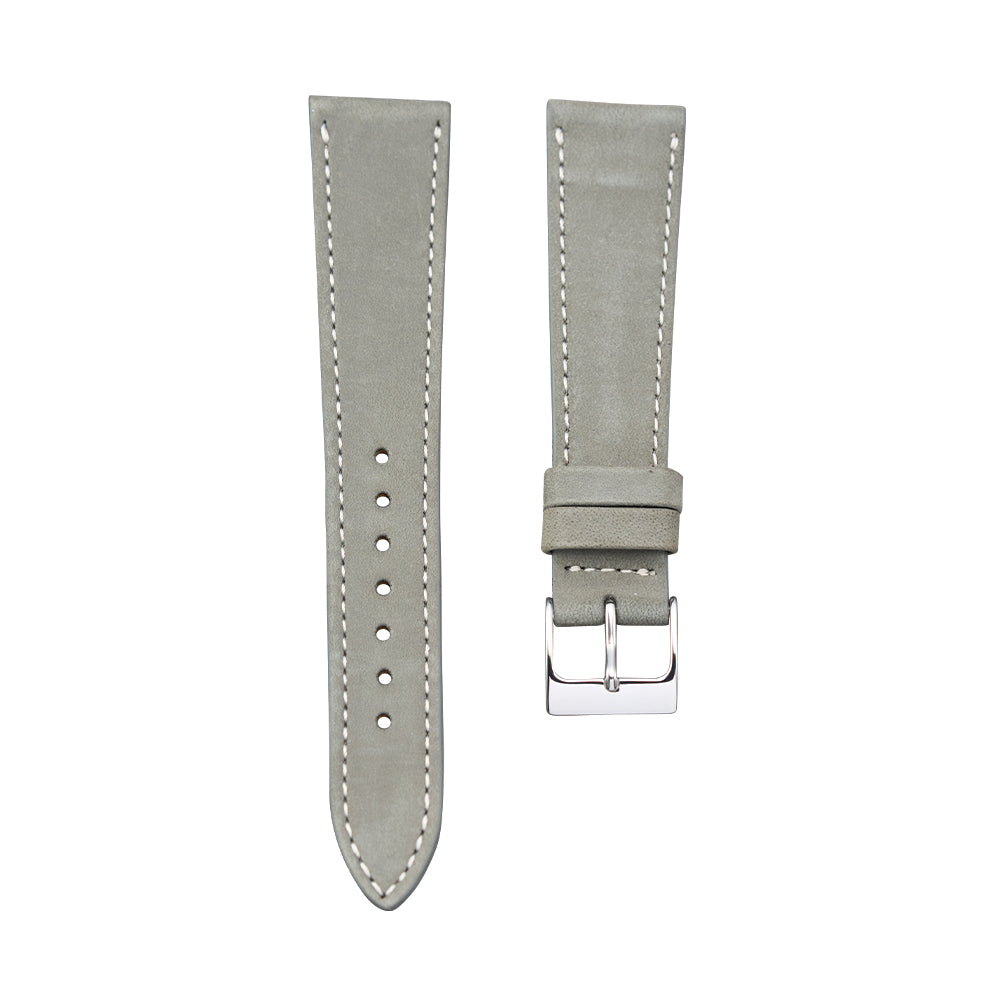 Grey nubuck leather watch strap with white stitching and a metal buckle