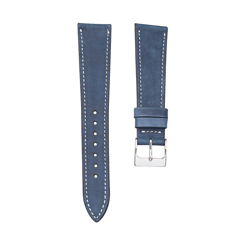 Pair of navy blue nubuck leather watch straps with white stitching and metal buckle.