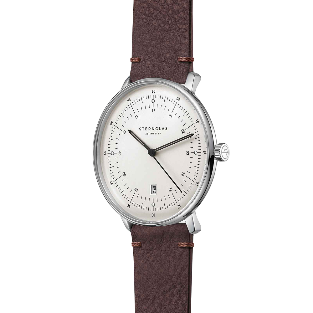 Hamburg Quartz 42mm watch with white dial and brown leather strap shown in a product shot