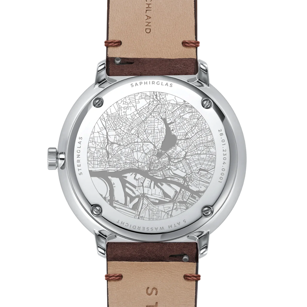 Map engraved case back of Hamburg Quartz 42mm watch with brown leather strap
