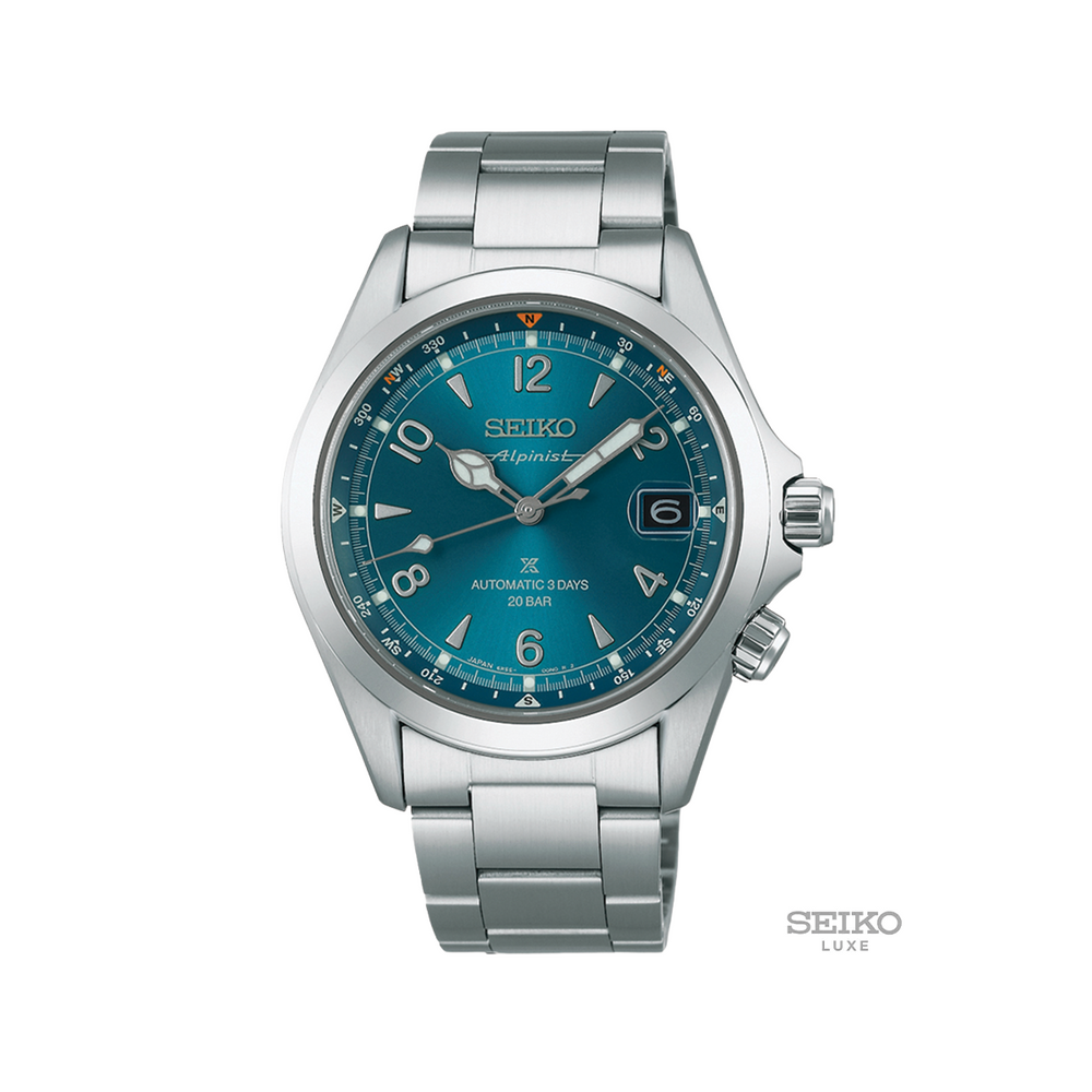 Seiko Prospex Alpinist teal dial on stainless steel bracelet and date window at 3