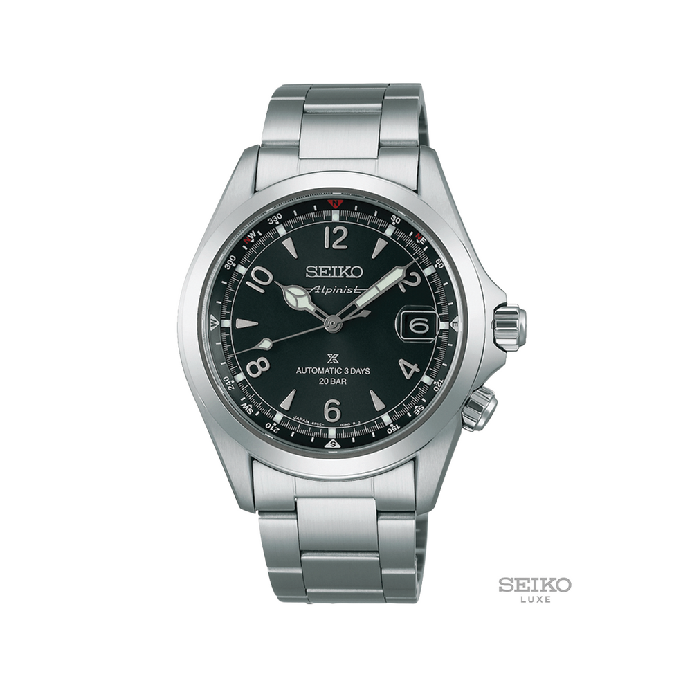 Seiko Prospex Alpinist with black dial on stainless steel bracelet and date window at 3