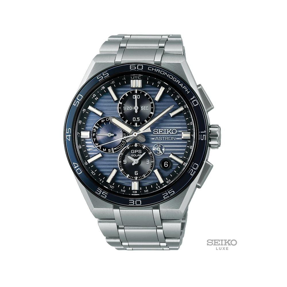 Seiko Astron SSH175 GPS Solar blue dial with multiple subdials on stainless steel bracelet.