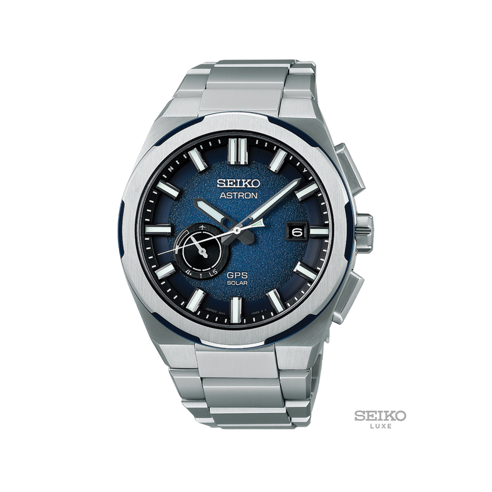 Seiko Astron 42mm blue watch on bracelet with textured dial and multiple subdials