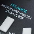 Pelagos branding on the case back with teal logo text and Master Chronometer depth rating inscription.