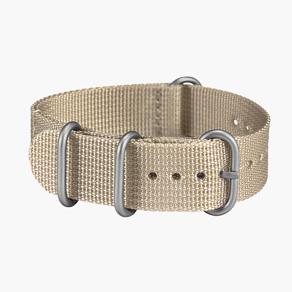 Sand colored Military One Piece Nylon Strap with metal rings and adjustable holes