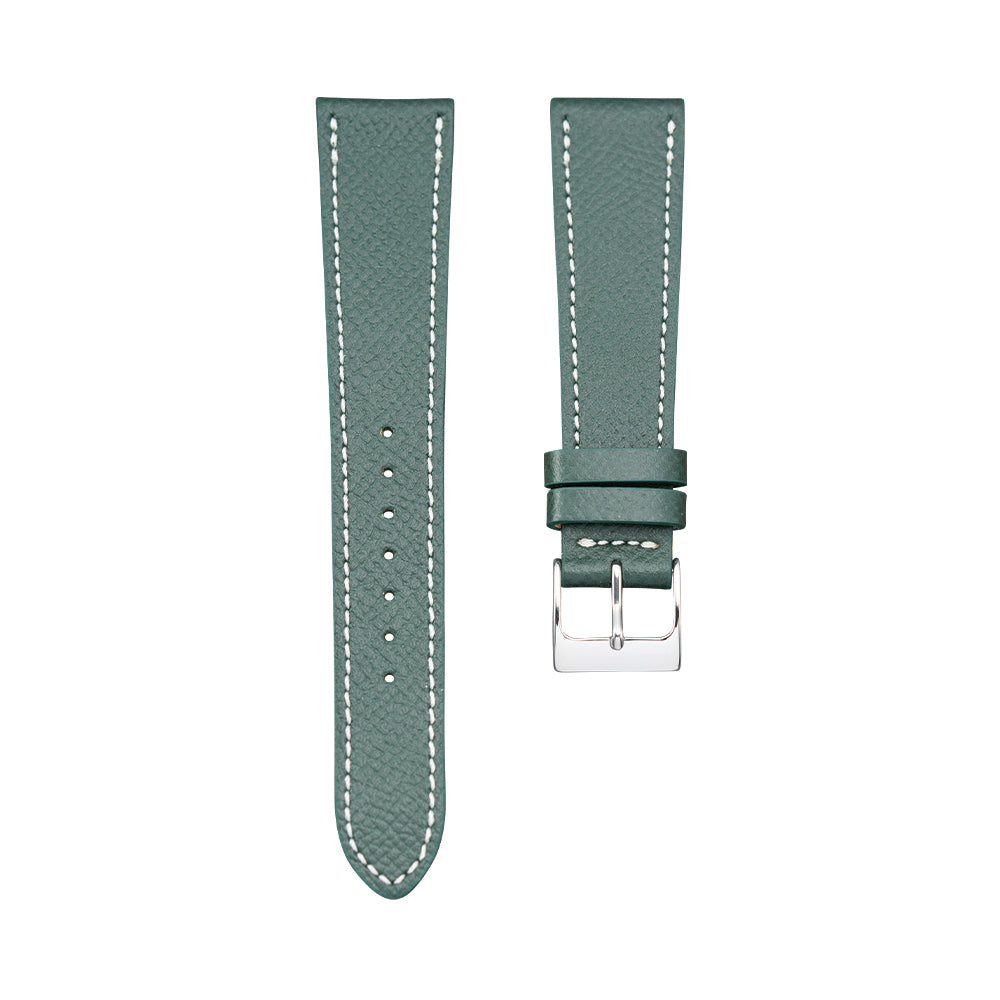 Dark green textured calf leather watch strap with white stitching and a polished silver buckle