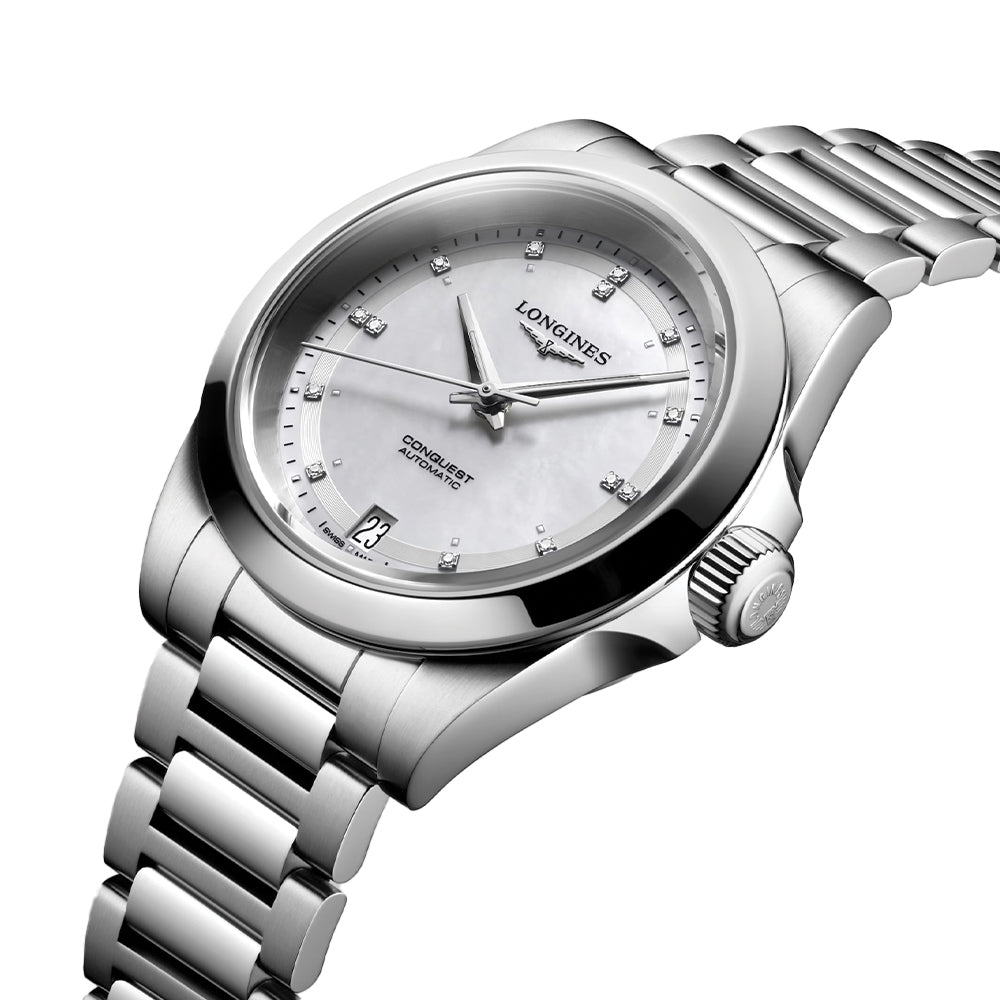 Conquest 34mm - White, Mother-of-Pearl w/ Diamonds on Bracelet