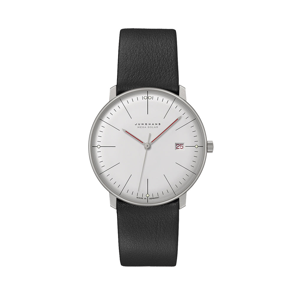 Max Bill MEGA Solar Bauhaus 38mm - Silver on Leather Strap