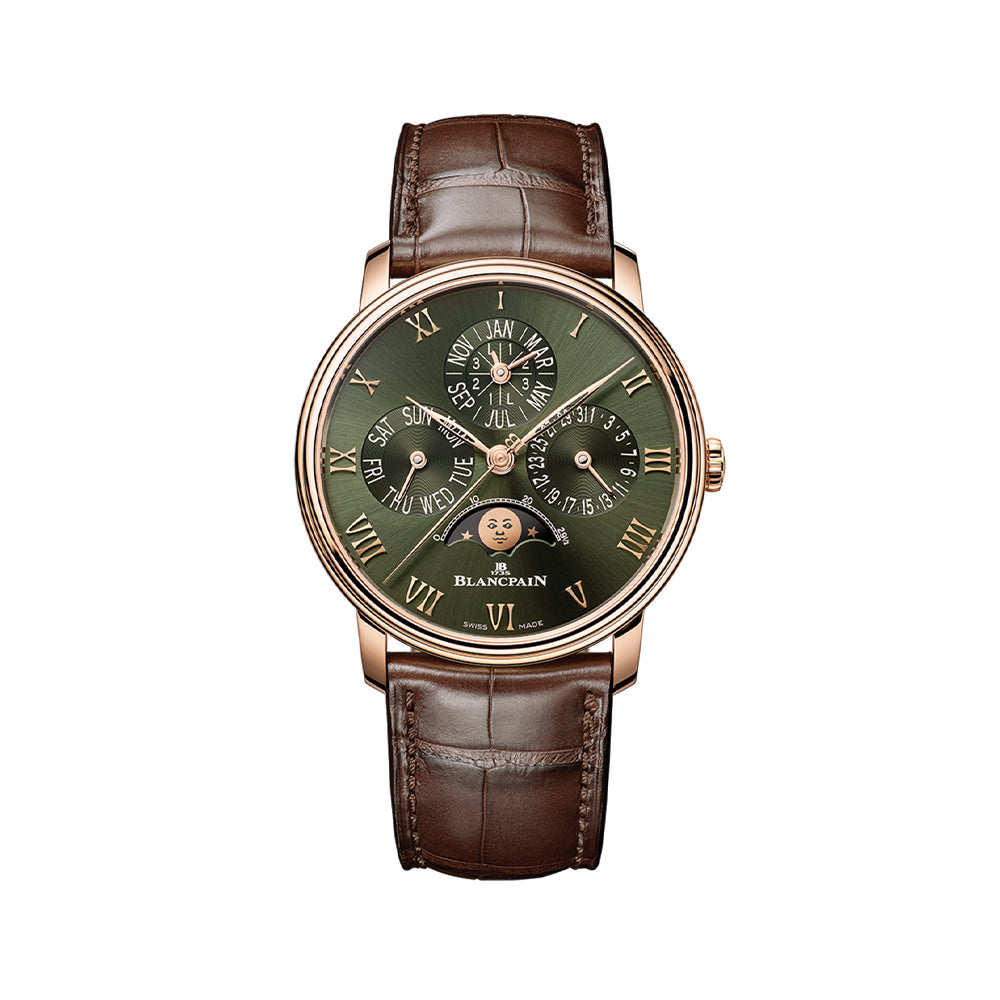 Villeret Quantième Perpétuel Red Gold 40.3mm - Green on Leather Strap