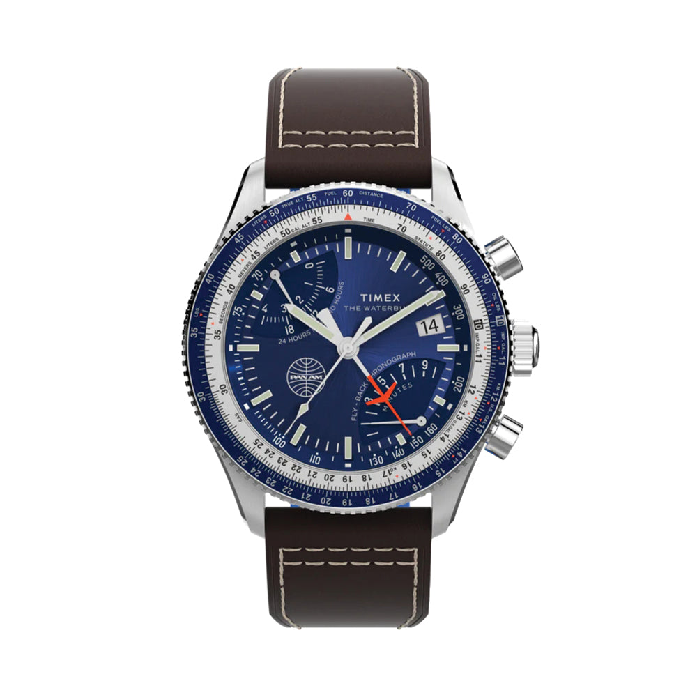 Fly Back Chronograph x Pan Am® 43mm - Blue on Leather Strap