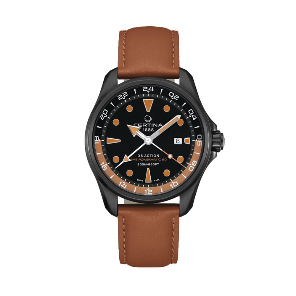 DS Action GMT 43mm Black and Orange on Leather Strap Certina