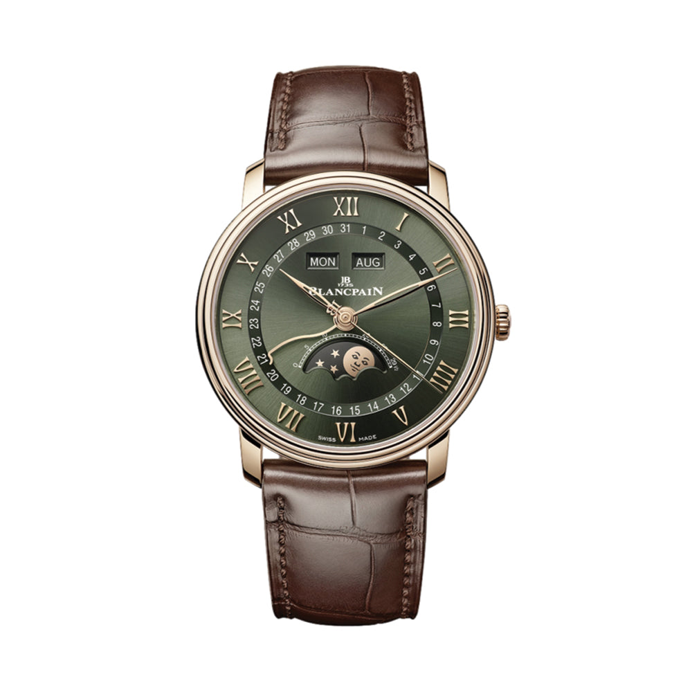 Villeret Quantième Complet Red Gold 40mm - Green on Brown Leather Strap