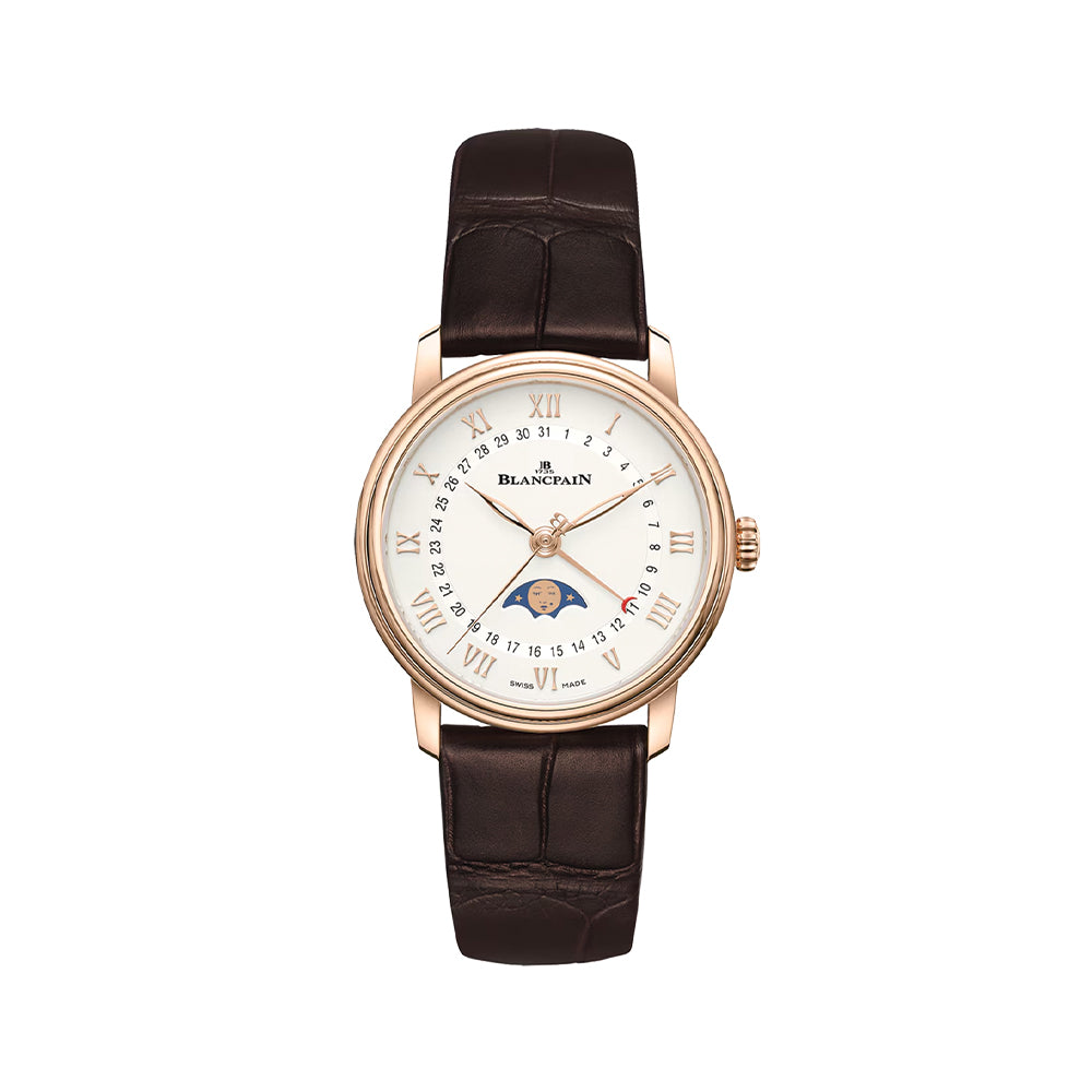 Villeret Quantième Phases de Lune Red Gold 33.2mm - White on Leather Strap