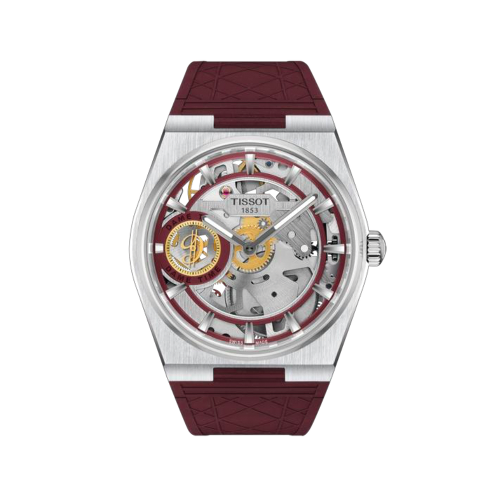 PRX Skeleton x Damian Lillard 44mm with silver case skeleton dial and red accents on a red rubber strap.