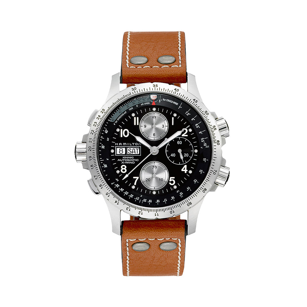 Khaki Aviation X-Wind Auto Chrono 44mm - Black on Leather Strap