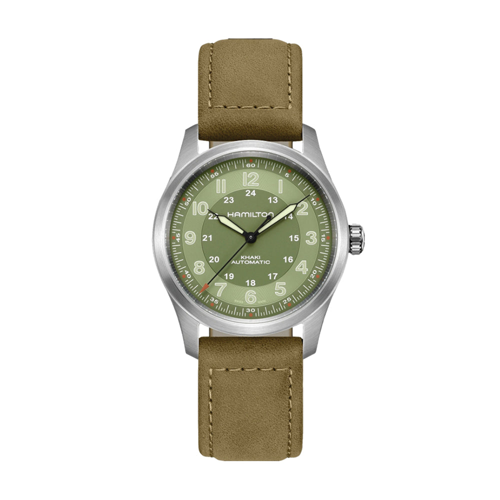 Khaki Field Titanium Auto 38mm - Green on Leather Strap