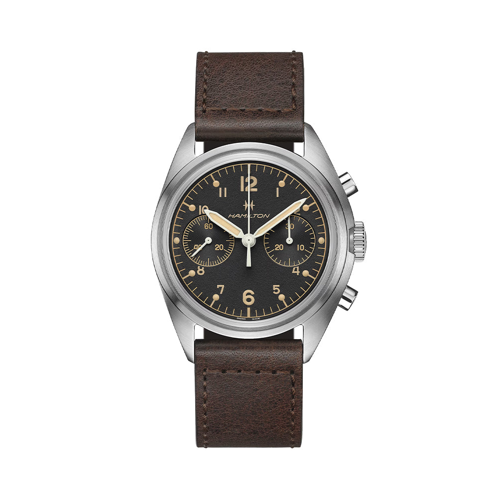 Khaki Aviation Pioneer Mechanical Chrono 40mm - Black on Leather Strap