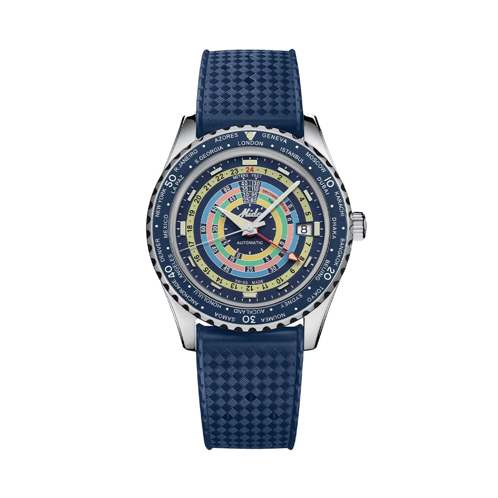 Ocean Star Decompression Worldtimer 40.5mm - Blue on Rubber Strap w/ Additional Bracelet