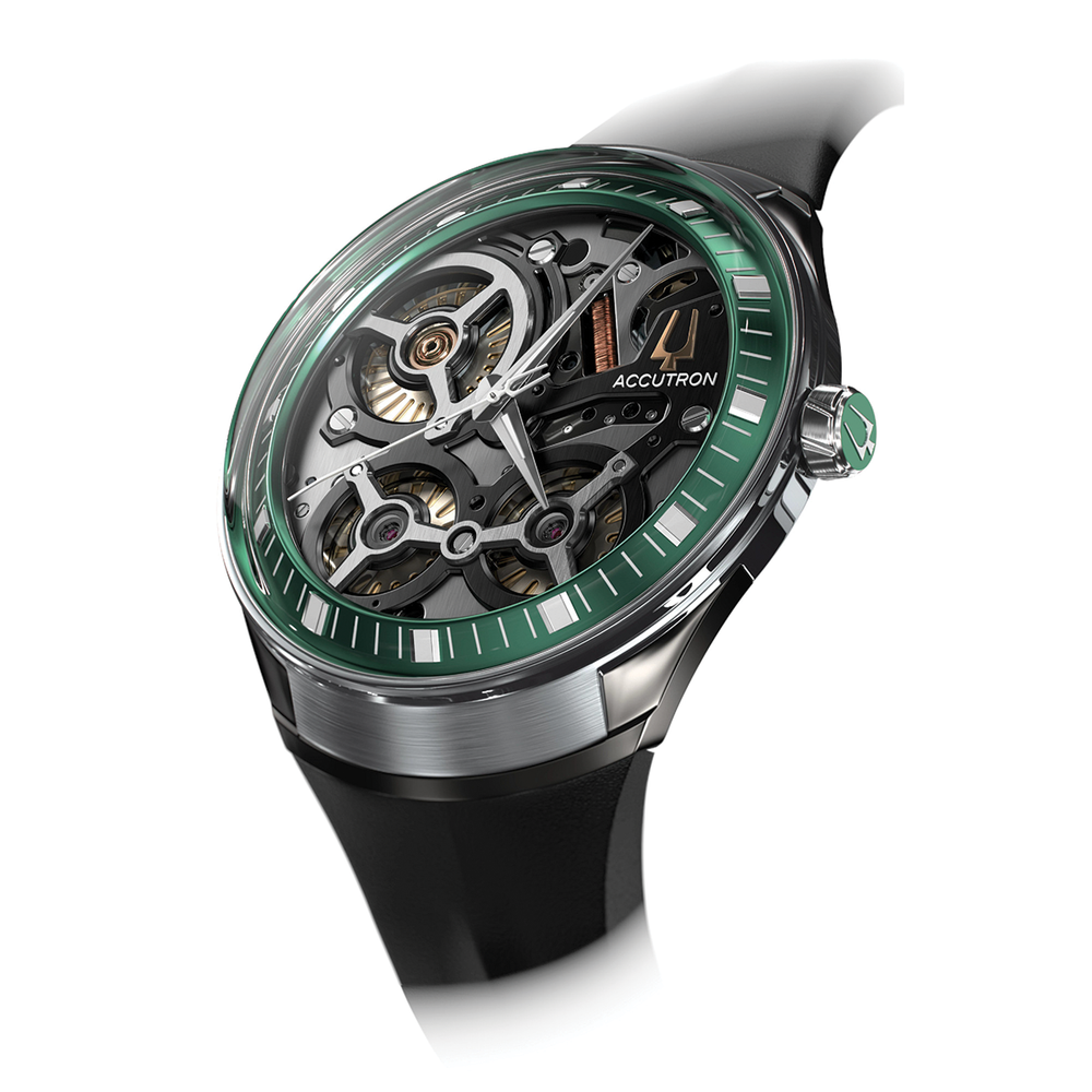 Angled render of ElectroStatic DNA 45mm with green bezel skeleton dial and black rubber strap