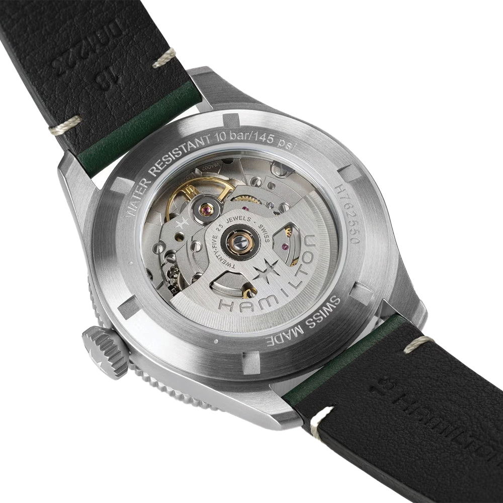 Khaki Aviation Pilot Pioneer Auto 38mm - White on Green Leather Strap