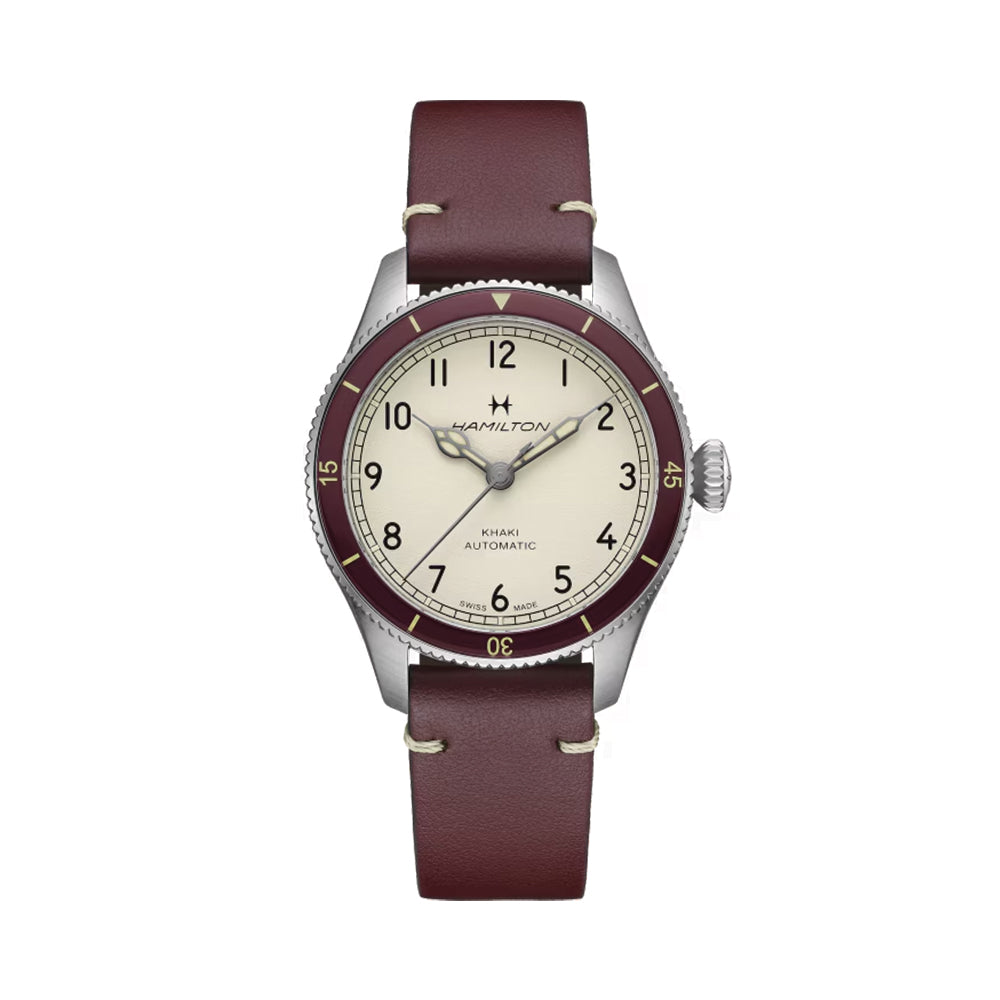 Khaki Aviation Pilot Pioneer Auto 38mm - White on Red Leather Strap