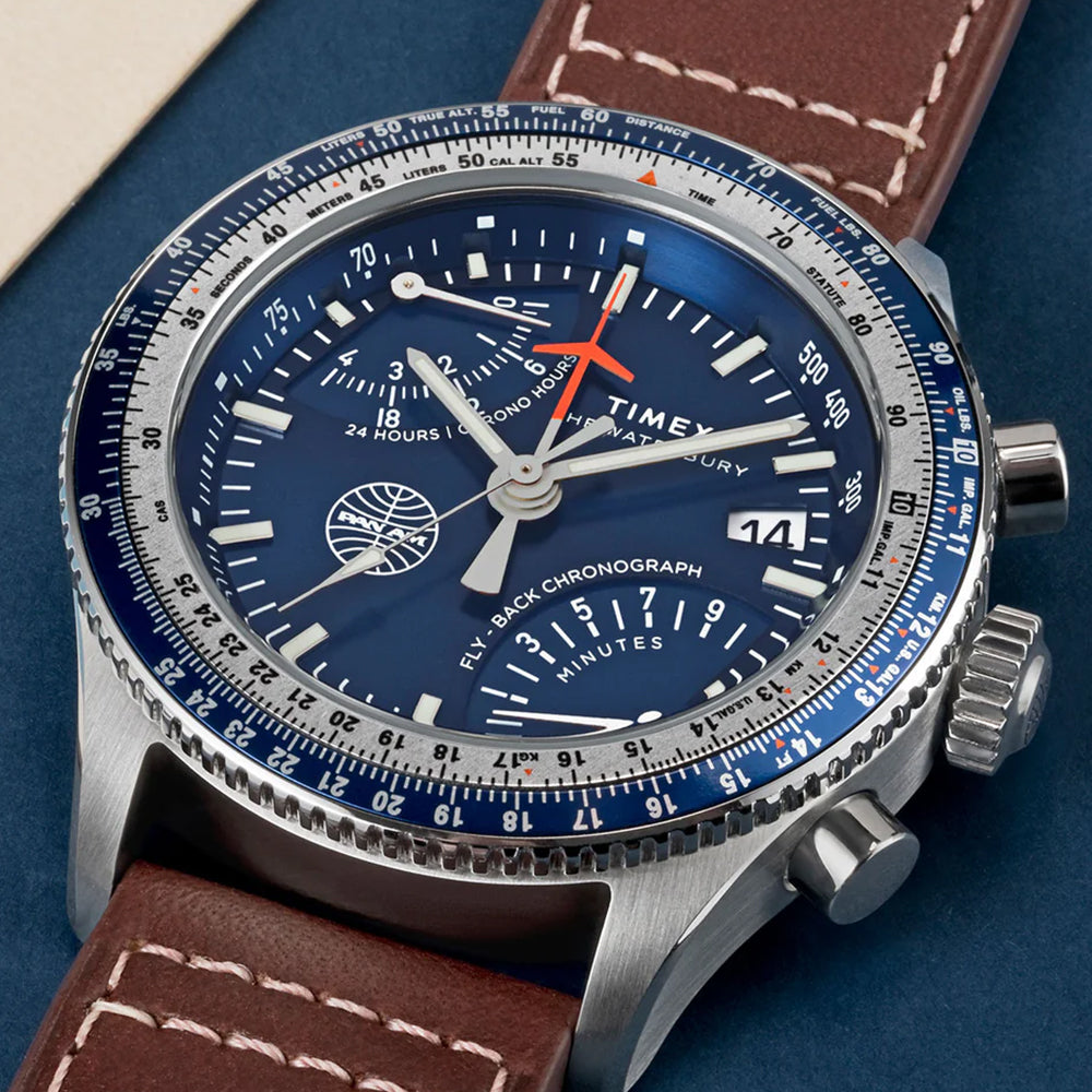 Fly Back Chronograph x Pan Am® 43mm - Blue on Leather Strap