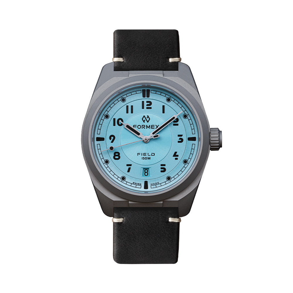 Field Automatic Gen 2 Ice Blue 40mm watch with light blue dial and black leather strap