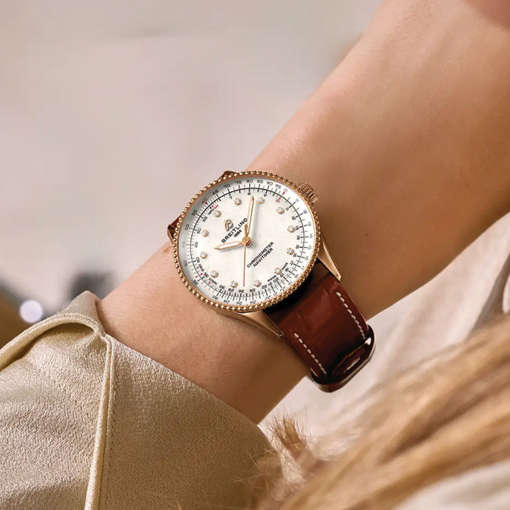 Navitimer Automatic Red Gold 36mm - White w/ Diamonds on Leather Strap