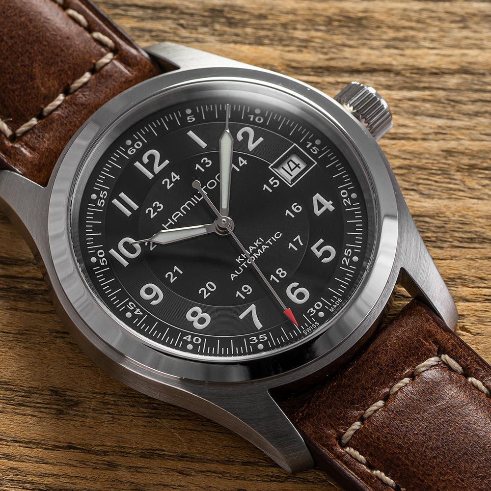 Khaki Field Auto Black Dial on Leather Strap, 38mm