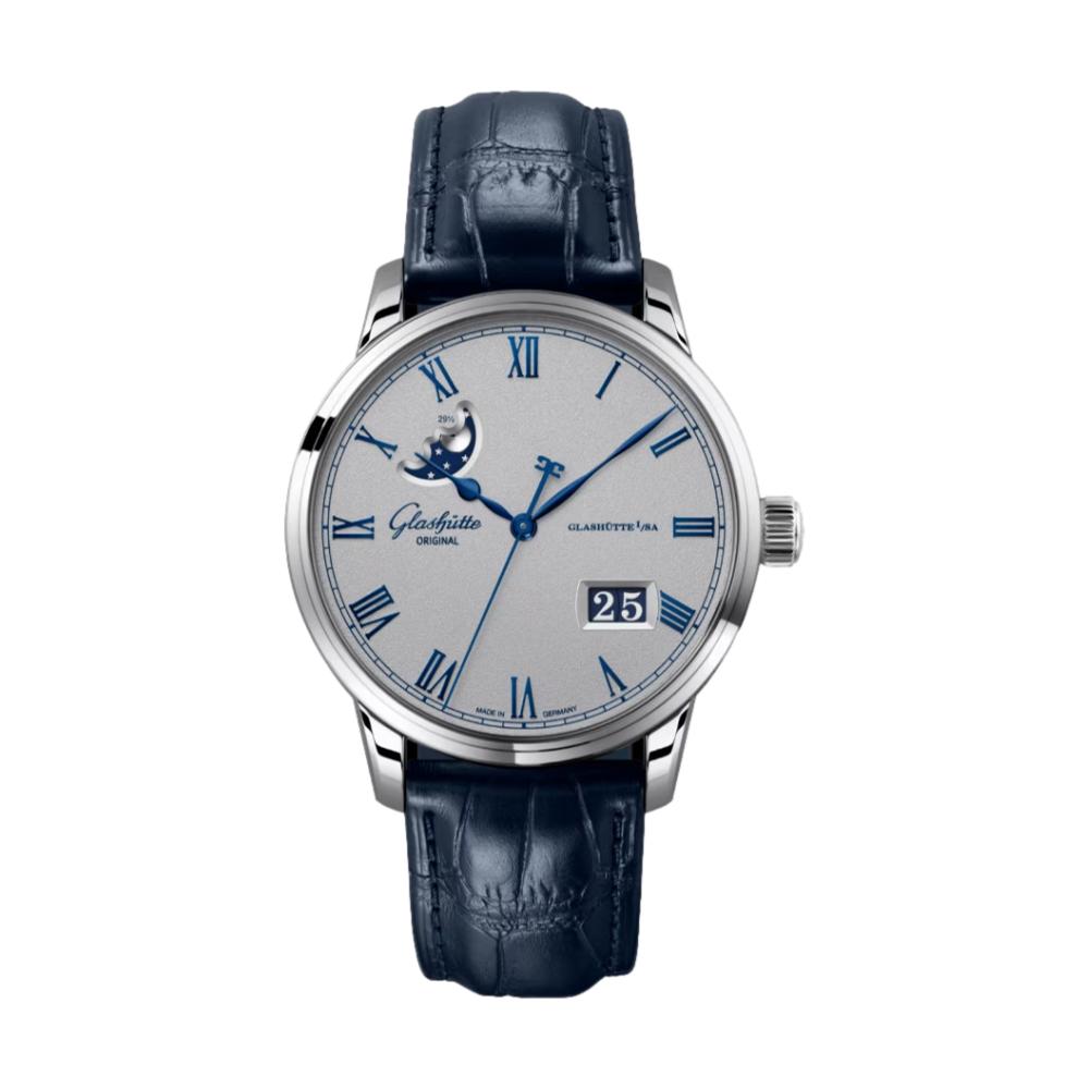 Senator Excellence Panorama Date Moon Phase Varnish Silver-Grainé 40mm -Stainless Steel on Strap