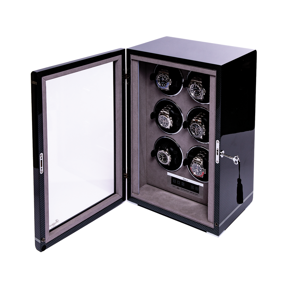 Open view of Formula Six Watch Winder in black showing six watches in individual slots and a digital control panel at the base
