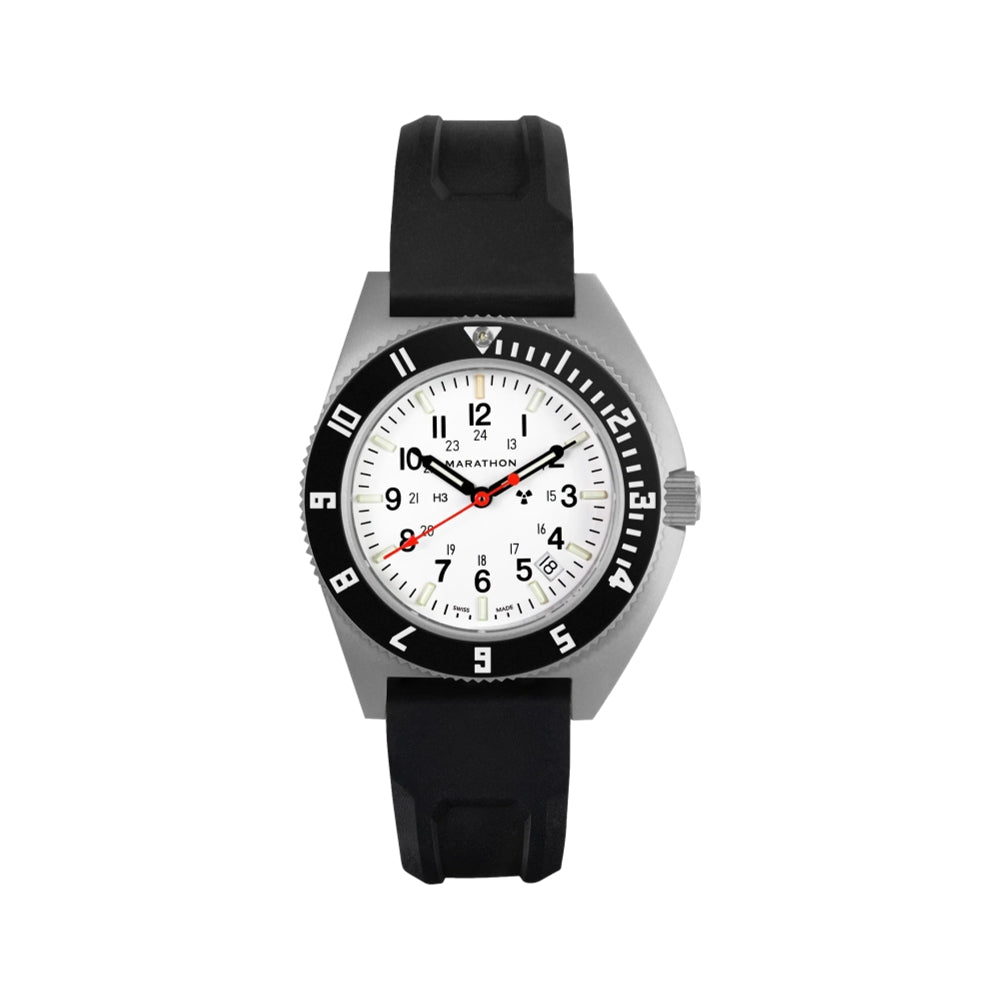 Marathon SSNAV D Arctic Edition 41mm quartz watch with white dial black bezel on black rubber strap