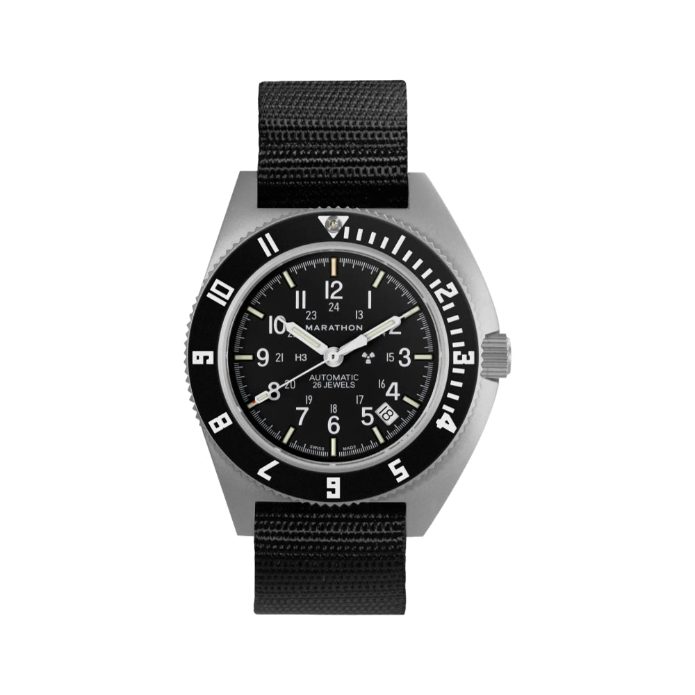 Marathon SSNAV D Automatic 41mm black navigator watch with black fabric strap and steel case